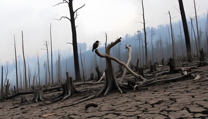 Devastating effects of pollution on forests burnt landscape environmental photo arid climate close-up view nature's desolation