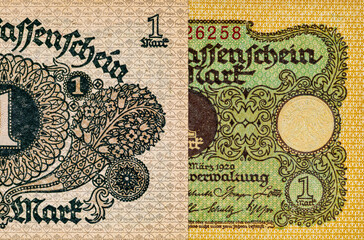 1 German mark 1920. Retro paper money of Germany