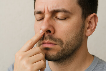 Obraz premium A hand trying to clean the inside of the nose.