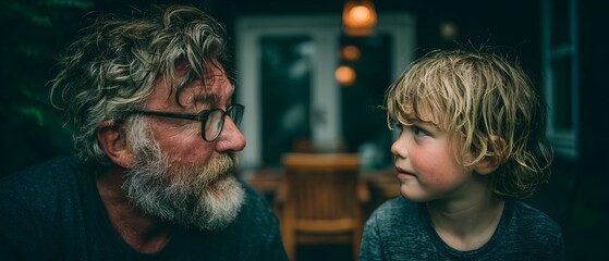 A man with a beard and glasses is talking to a young boy