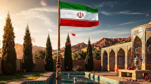 Iranian Flag Waving Over Persian Garden Landscape