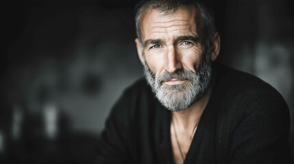 Fototapeta premium Portrait of a confident man with natural expression, detailed facial features, professional lighting, and neutral background.
