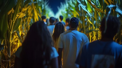 Navigating a thrilling autumn adventure exploring a nighttime maize maze with friends and family fun event