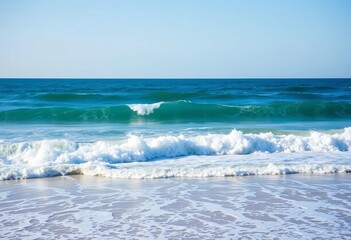 Ocean waves crashing on shore during high tide, blue sea and sky,  ocean background,  powerful
