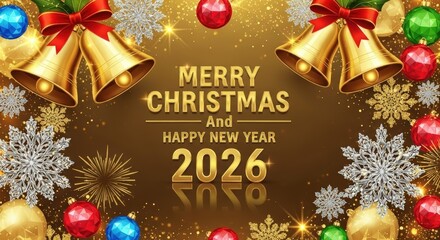 Gold bells with red bows ornaments and snowflakes on a brown background displaying Merry Christmas and Happy New Year
