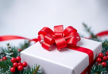 Red bow on a gift box, holiday wrapping, realistic design,   bow,  Christmas