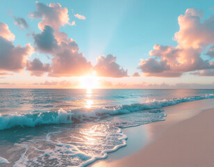 tranquil tropical beach at sunset, soft golden and pink sunlight reflecting on calm ocean waves