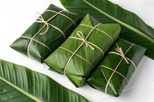 Traditional Leaf-Wrapped Food Packages on White Surface