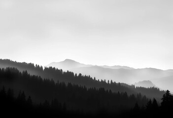 Obraz premium Misty mountain forest silhouette, grayscale, horizontal banner bookmark design, background, vector