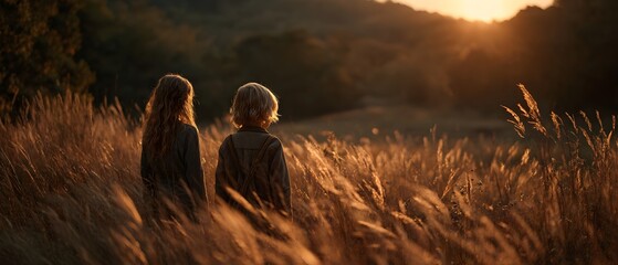 Two children standing in a field of tall grass