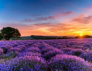 Fototapeta premium Stunning Lavender Field at Sunset Panoramic View of Purple Flowers and Lush Landscape Under a Colorful Sky, Serene Nature Scene