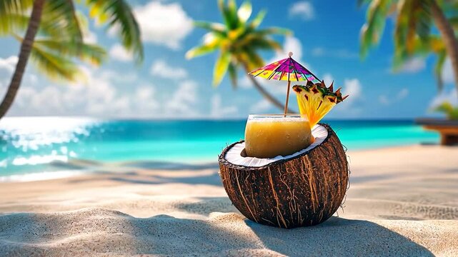 Tropical Beach Cocktail: Coconut Drink Paradise
