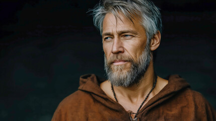 Ancient warrior with grey hair and beard wearing brown tunic in cinematic movie style, dramatic intense scene.