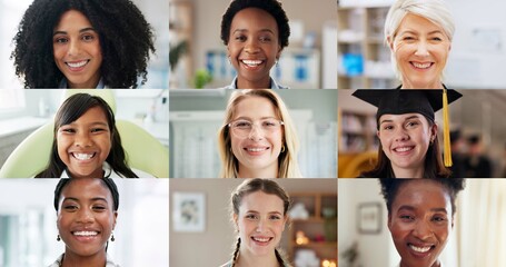 Collage, different and portrait of women at location for appointment, business or education. Diversity, inclusion or montage with smile of girls and people at dentist, school or workplace for variety