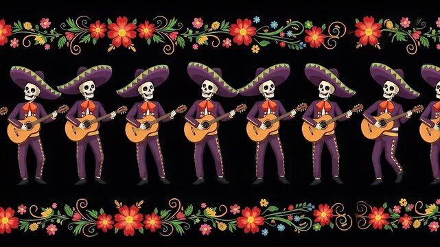 Skeleton Mariachi Cartoon Band Playing Guitars. 4K Video