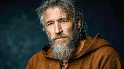 Ancient warrior with grey hair and beard wearing brown tunic in cinematic movie style, dramatic intense scene.