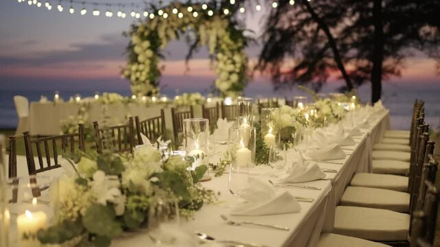 wedding reception outdoor table setting flowers dinner festive event sunset beach.
