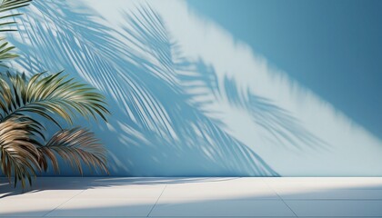 Palm leaf shadows on blue wall, tropical minimal background
