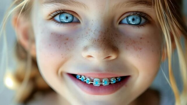 Smiling girl with braces, orthodontic care for healthy teeth.