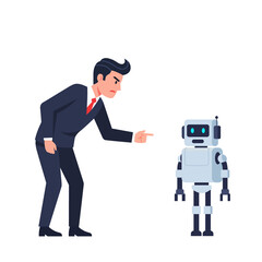 Businessman Scolds Robot: AI Conflict, Automation, Future of Work Illustration Flat vector illustration
