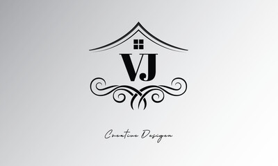 Fototapeta premium VJ Real Estate Creative Branding Logo – Elegant House Roof Monogram Letter mark with Flourish for Luxury Property, Architecture, Interior Design & Premium Identity
