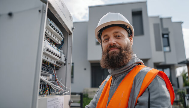 Electrician in an orange vest and white helmet is looking at the camera while working on his outdoor electrical pane