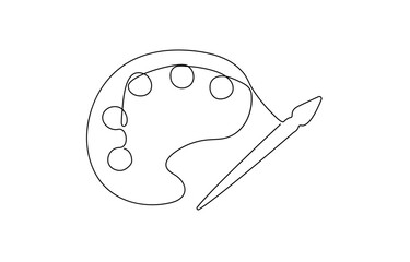 one line art palette and brush vector icon. single line, one continuous line, simple, hand drawn and sketch style, brush in a minimalist outline vector icon style.