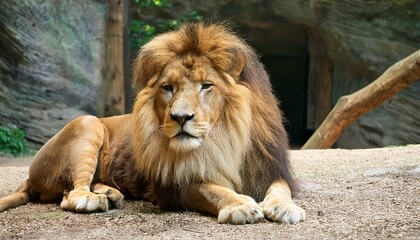 Fototapeta premium Majestic Male Lion Resting on the Ground, Facing the Camera, with Detailed Mane and Natural Habitat Background