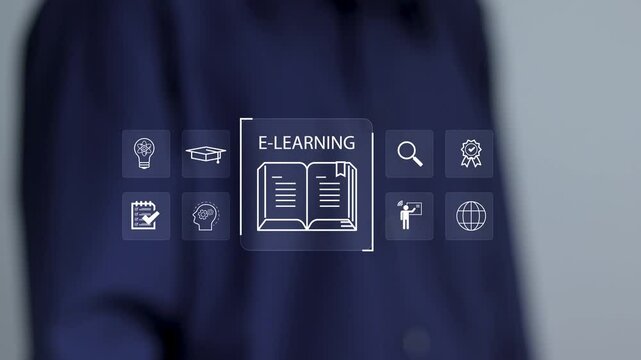 E-learning and online education concept. Online training programs and personalized learning. Businessman touching E-learning icons on virtual screen.
