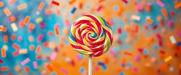 Multicolored swirl lollipop against vibrant blue and orange background, confetti falling,  blue,  candy