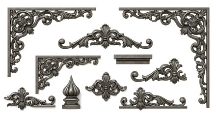 Assortment of Ornate Cast Iron or Metal Decorative Elements – Vintage Architectural Details.
