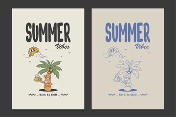 retro summer poster with coconut tree mascot character, vector illustration