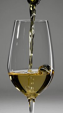 A glass of white wine is poured, close up,  isolated on a studio gray background.