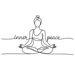 a minimalist one-line art illustration of a woman meditating with a peaceful expression for mindfulness and wellness