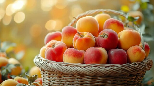 Freshly Picked Peaches and Nectarines in a Wicker Basket on a Sunny Orchard Day