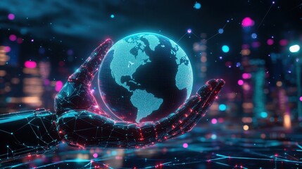 Fototapeta premium Futuristic Hand Holding a Glowing Earth with Digital Background