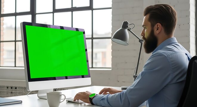 Focused Bearded Man Working on Desktop Computer with Green Screen Display