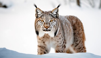 Fototapeta premium Majestic Lynx in Snowy Winter Landscape Wild Cat Portrait with Intricate Markings and Intense Gaze, Wildlife Photography.