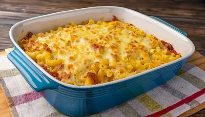 Delicious Baked Macaroni and Cheese Casserole with Crispy Cheese Topping in a Blue Baking Dish on a Wooden Table, Food Photography
