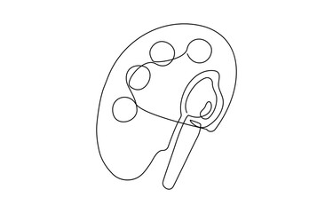 one line art palette and brush vector icon. single line, one continuous line, simple, hand drawn and sketch style, brush in a minimalist outline vector icon style.