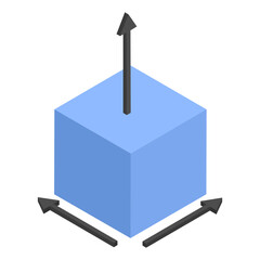 blue cube with three black arrows extending isometric Concept, visual reference for object positioning and rotation in 3D space vector Icon design, additive manufacturing stock illustration