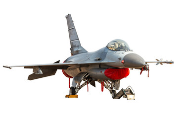 Jet fighter, parked on standby at the airport, isolated on white background.