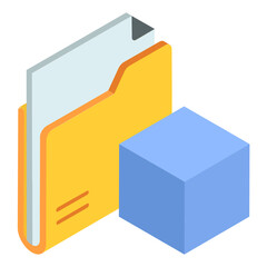 3d objects and models files digital asset management isometric Concept, Yellow Folder with Blue 3D Cube vector Icon design, additive manufacturing Stock illustration