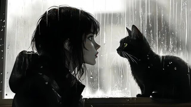 Girl and cat by a rainy window