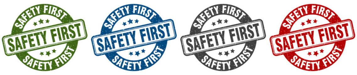 safety first stamp. safety first round stamp set isolated on white background