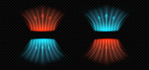 Dynamic air flow concept with neon wind arrows and temperature contrast. Blue red wave stream shows heat or cool breeze. Clean vector illustration for HVAC, AC, or purification themes.