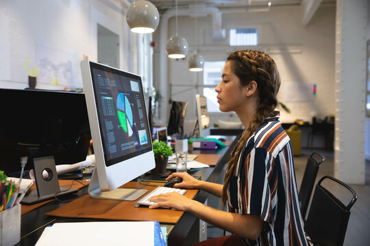Woman analyzing charts and graphs on large desktop monitor at open-plan office desk with notebooks