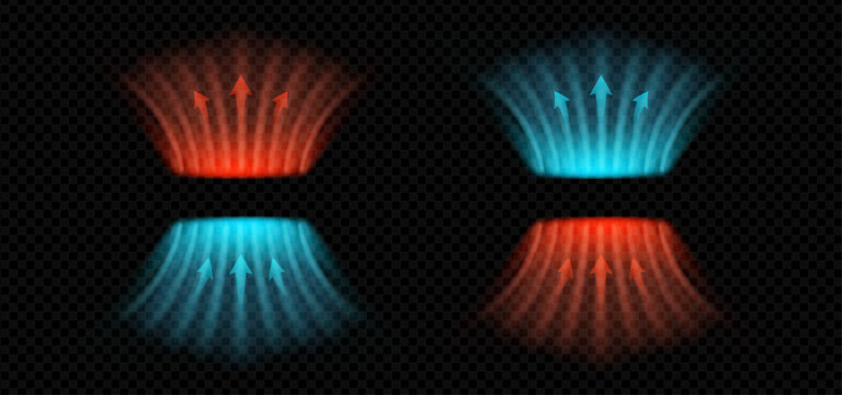 Dynamic air flow concept with neon wind arrows and temperature contrast. Blue red wave stream shows heat or cool breeze. Clean vector illustration for HVAC, AC, or purification themes.