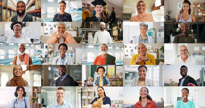 Collage, diversity and portrait of people at location for business, development or education. Different, inclusion or pride with smile of men and women at school or workplace for career and learning