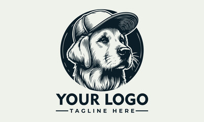 A dog wearing a baseball cap, depicted in a monochrome illustration style within a circular frame.